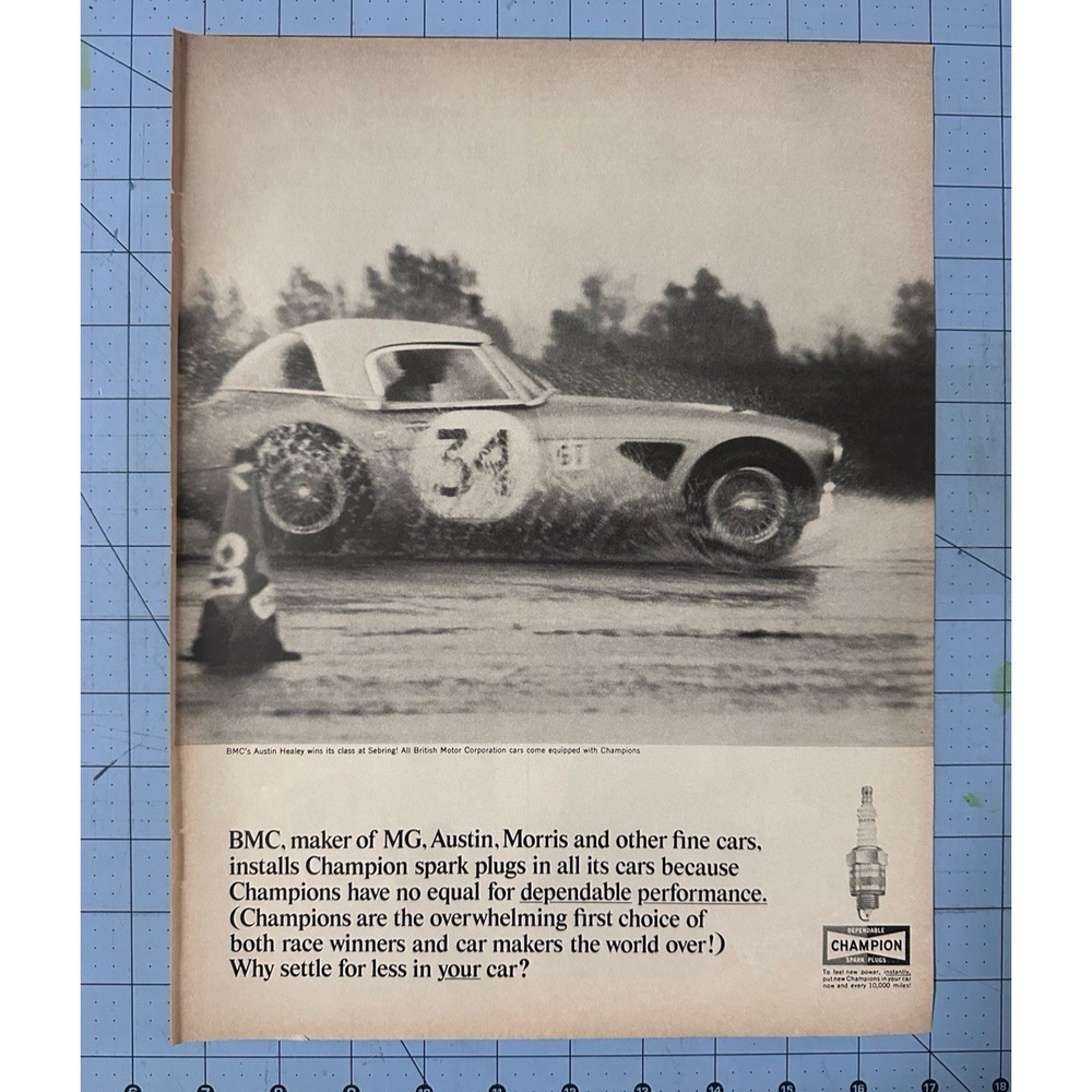 1965 Champion Spark Plugs BMC Austin Healey Magazine Ad